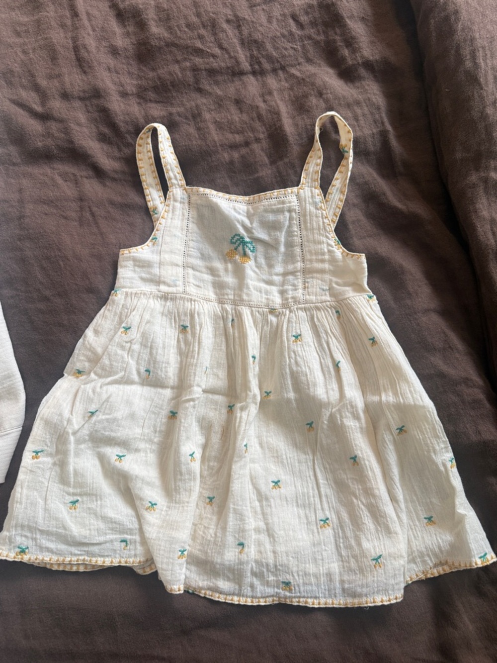 Emile et Ida Cream Sundress with Green and Yellow Embroidery